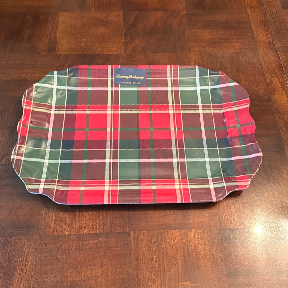 TOMMY BAHAMA Tartan Plaid Melamine Serving Tray Christmas Red Green New